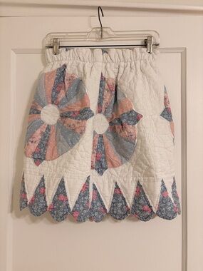 Vintage White High Waist Quilted Shorts with Blue and Pink Patchwork